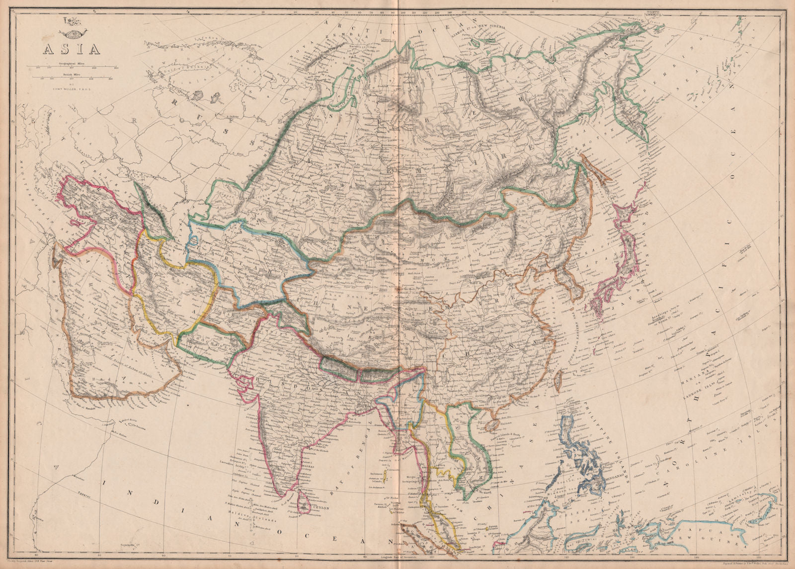 ASIA w/ Great Wall of China. Tartary Siam Anam.Sarawak Kingdom. WELLER 1863 map
